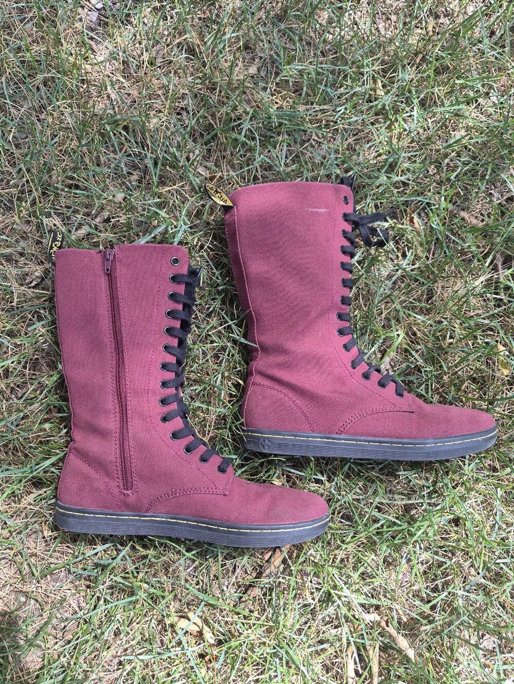 Dr. Martens Battersea 14 Eye Cherry Red Canvas Mid Calf Boot, Size 9